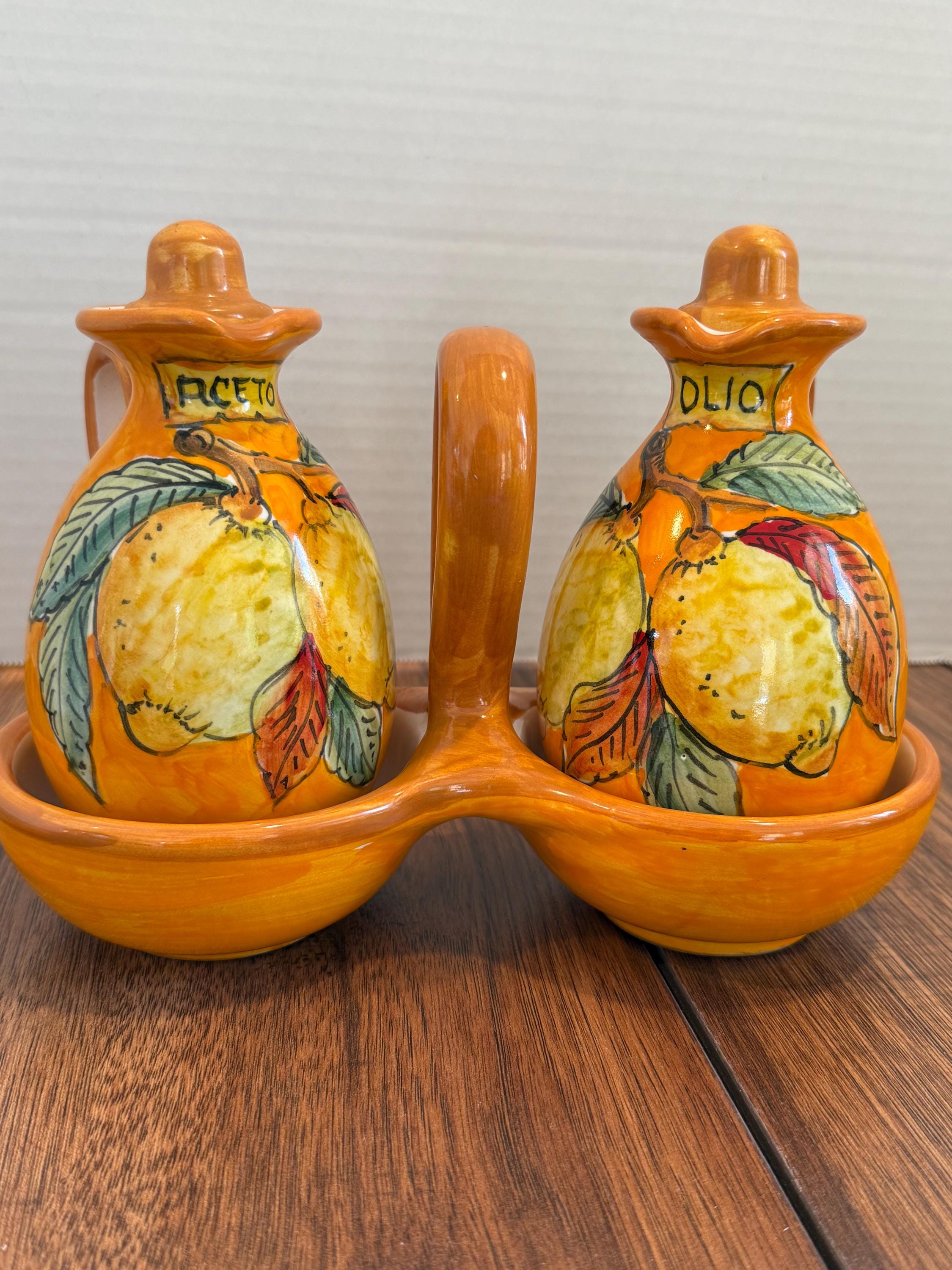 Vintage Deruta Italy Oil & Vinegar Cruet Set With Caddy – Hand
