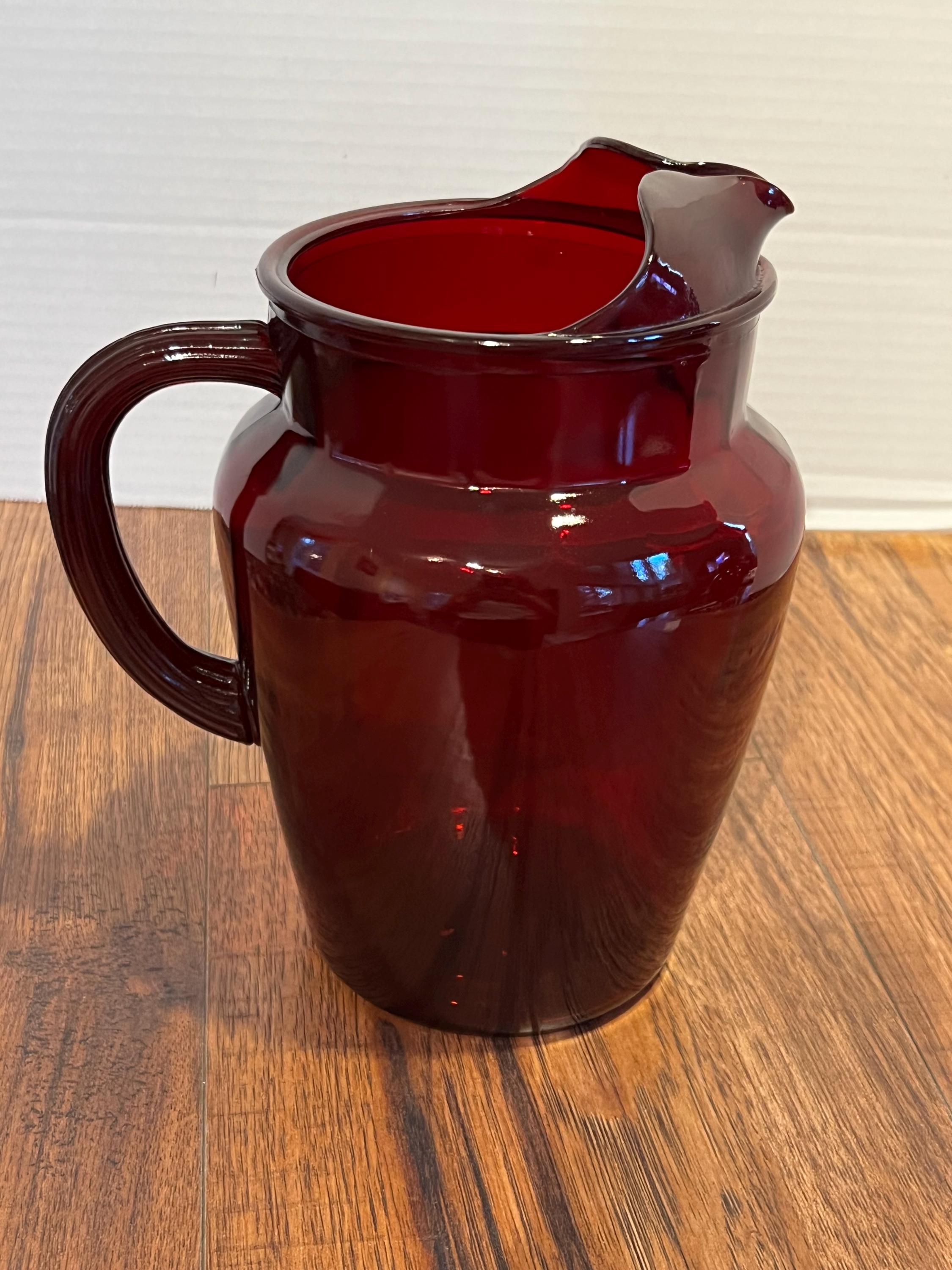 Vintage Anchor Hocking Royal Ruby Red Glass Pitcher Mid-Century Art Glass Water Carafe Barware Serving Piece MCM Red Glass Barware