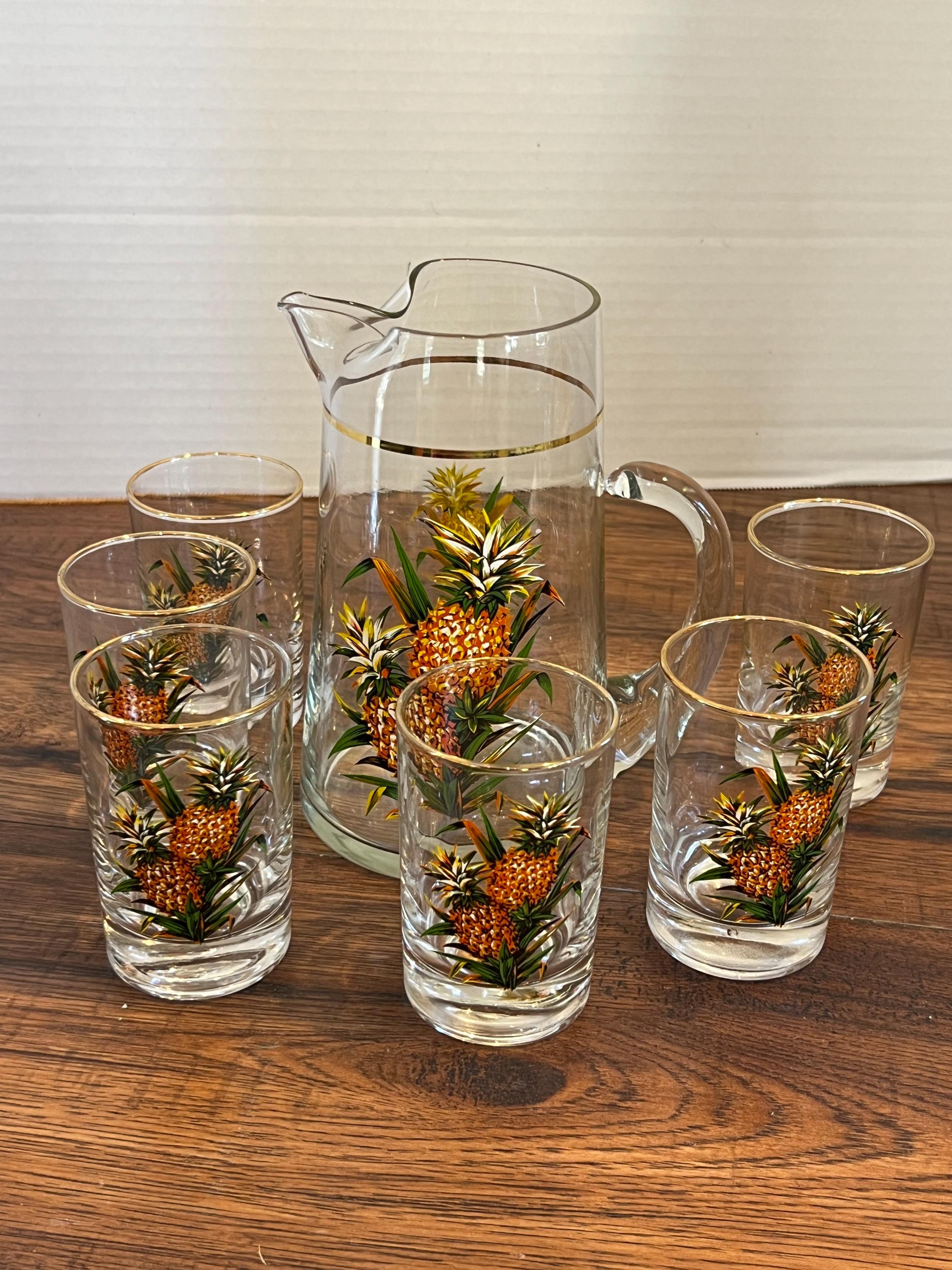 Vintage Pineapple Cocktail Set - 6 Gold Rim Glasses & Pitcher  display picture 1