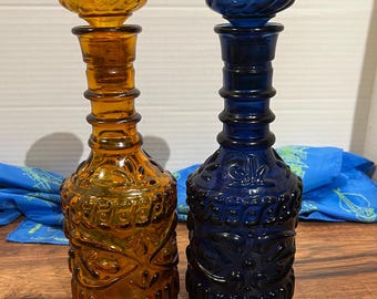 Retro Chic Vintage Glass Decanter | Blue or Orange Cocktail Carafe | Stylish Bar Accent | Unique Home Decor Gift Bar Ware Accents