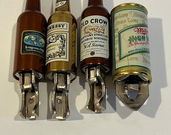 Vintage Bottle Shaped Bottle Openers Seagram’s V.O. Whiskey, Miller Beer Can, Old Crow, Hennessy Cognac Stocking stuffer Grooms gift