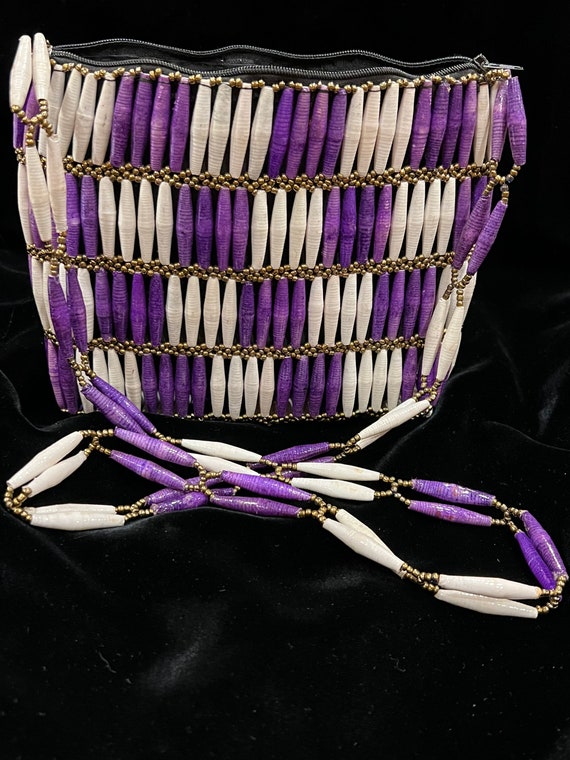 Handmade Crossbody Beaded Purse: Purple & White S… - image 4