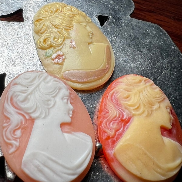 Cornelian Oval Lady Head Cameos Lot Of 3 Orange & Cream Cameo Jewelry Making Craft Supplies 3 Different Styles for Crafters