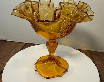 Vintage Fenton Amber Art Glass Compote | Ruffled Crimped Edge Pedestal Bowl | Mid Century Candy Dish