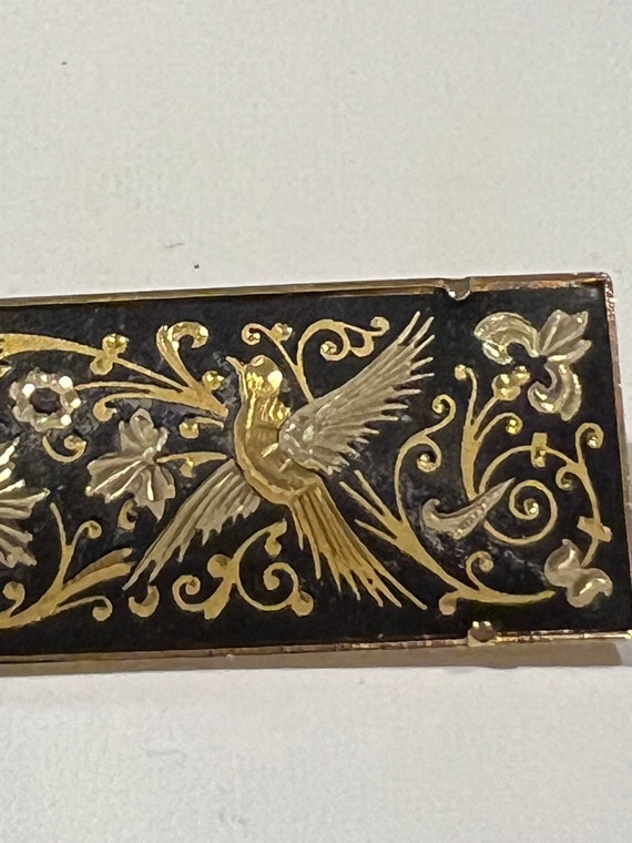 Vintage Damascene Pin Brooch Black Gold Bird Flow… - image 6