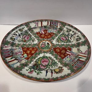 Vintage Chinese Rose Medallion Porcelain Serving Dish - Hand Painted Red & Green Floral with Birds, Exquisite Decorative Housewarming Gift