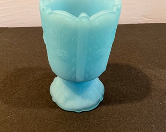 Vintage Fenton Glass Blue Satin Pedestal Toothpick Votive Holder Daisy Pattern