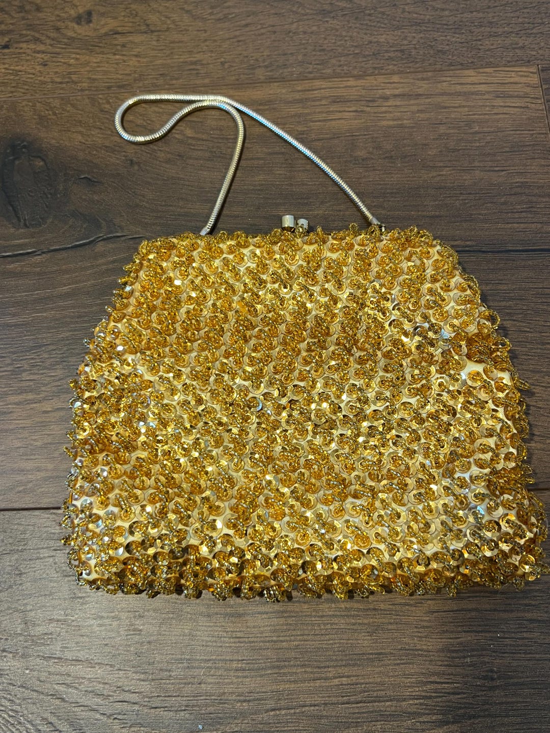 Vintage Gold Sequin Evening Purse, Golden Chain Strap With Ornate Balls ...