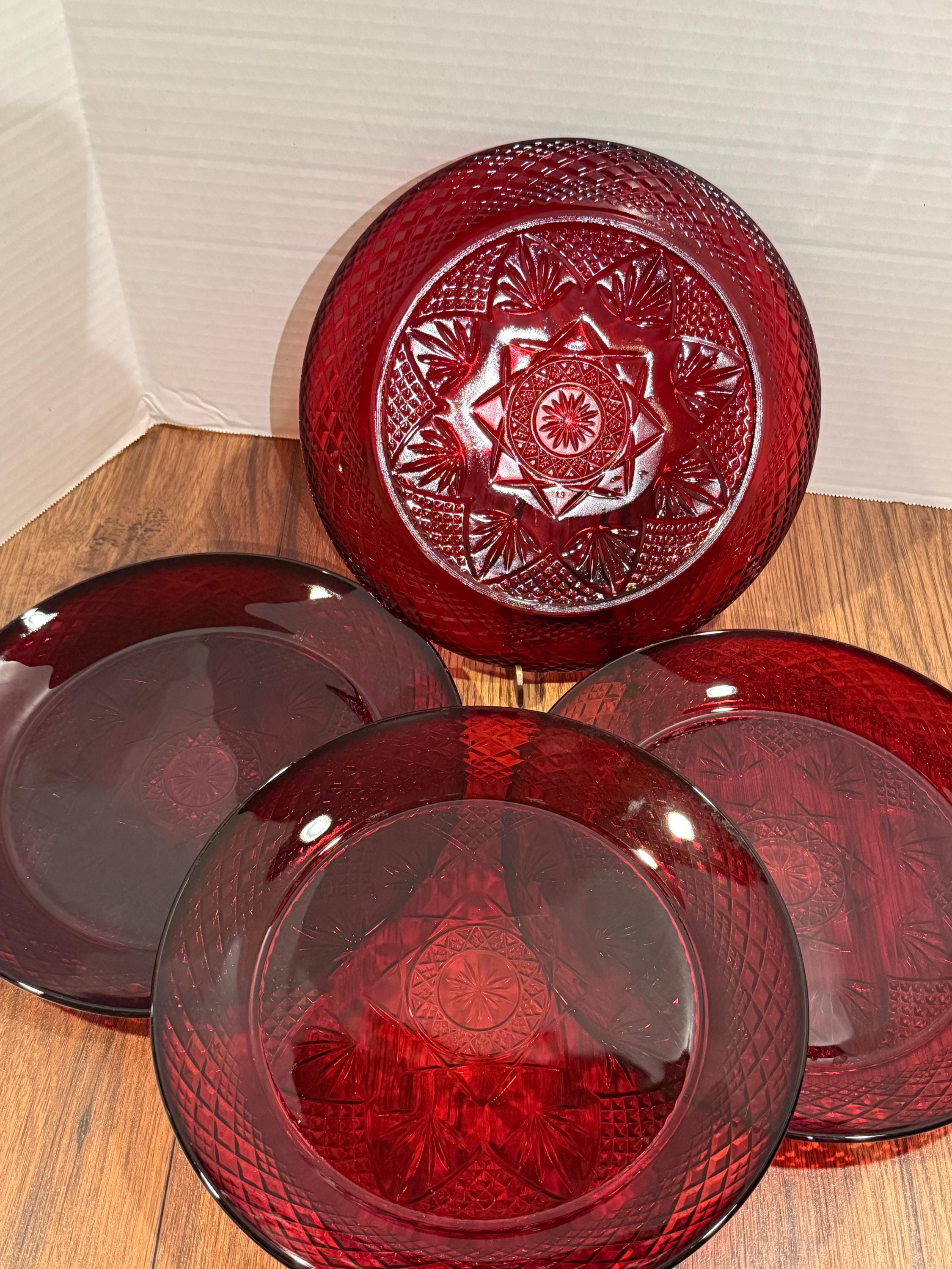 Cristal D'arques Antique Ruby Glass Plate - Floral Pressed Glass