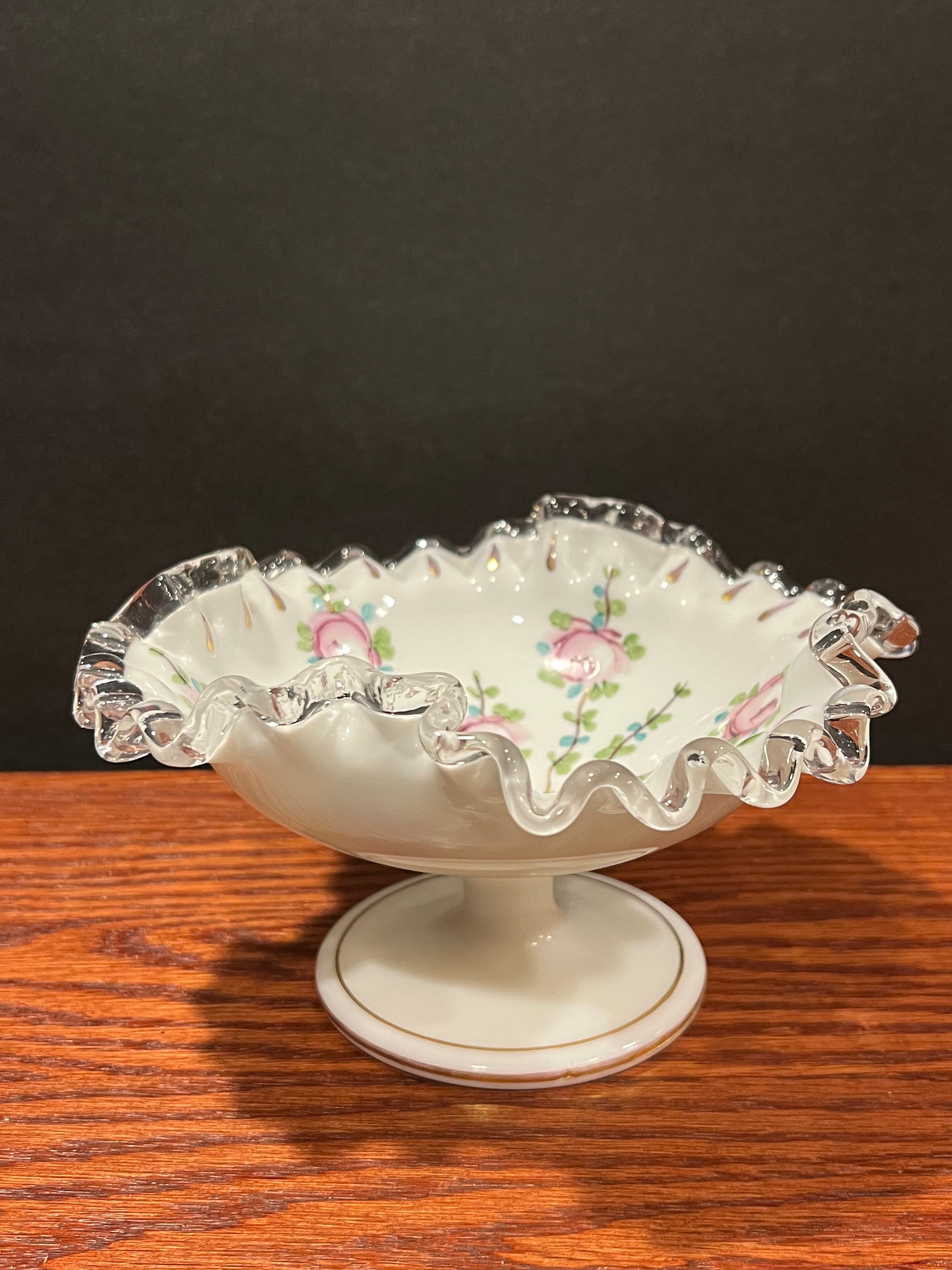 Vintage Charlton Footed Pedestal Bowl Rose Painted Ruffled Fenton ...