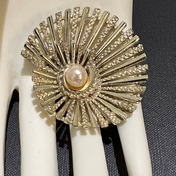 Vintage Marboux Gold Swirl Pearl Sunburst Brooch Stamped 415 Gold Pearl Pin Large Signed On Back