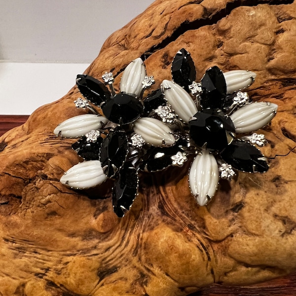 Vintage Stunning Black & White Milk Glass Double Flower Rhinestone Brooch Large Pin for Party, Gala, Wedding | Sweater Coat Accessory
