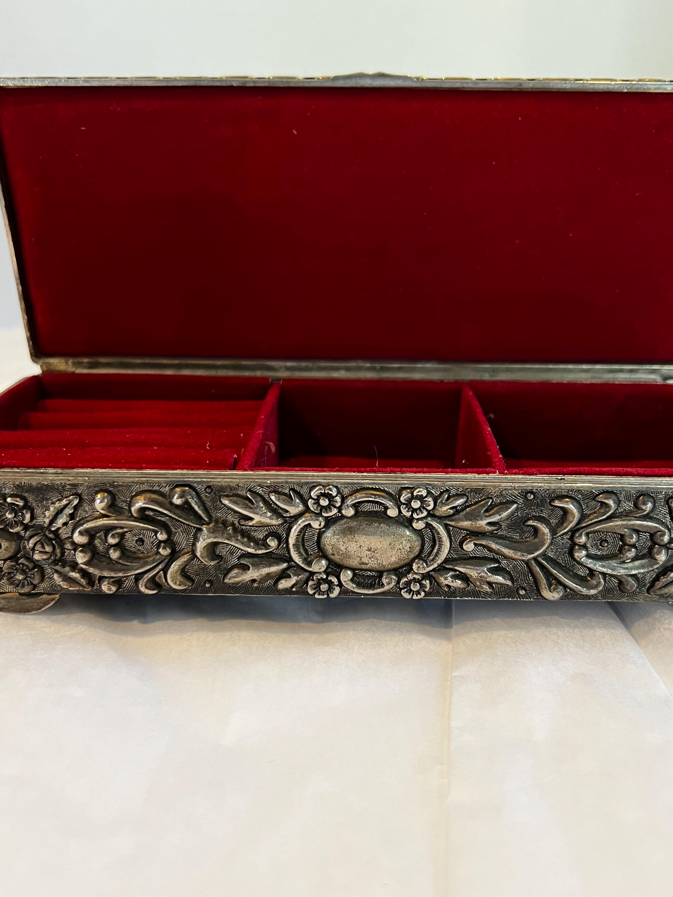 Vintage Silver Tone Jewelry Box W/ Red Velvet Lining, Art