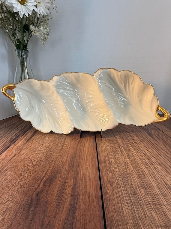 Vintage Lenox Triple Leaf Serving Dish - Ivory China With Gold