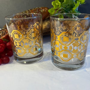Vintage 2 Gold Colored Lowball Rock Glasses Cocktail Vintage MCM Retro Man Cave Vintage Barware Double Old-Fashioned tumbler