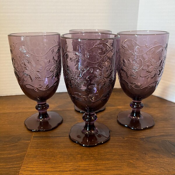 Vintage Princess House Fantasia Amethyst Purple Embossed Glasses (Set of 4) - Floral Vine Ice Tea Glassware Colorful Summer/Fall Table Decor