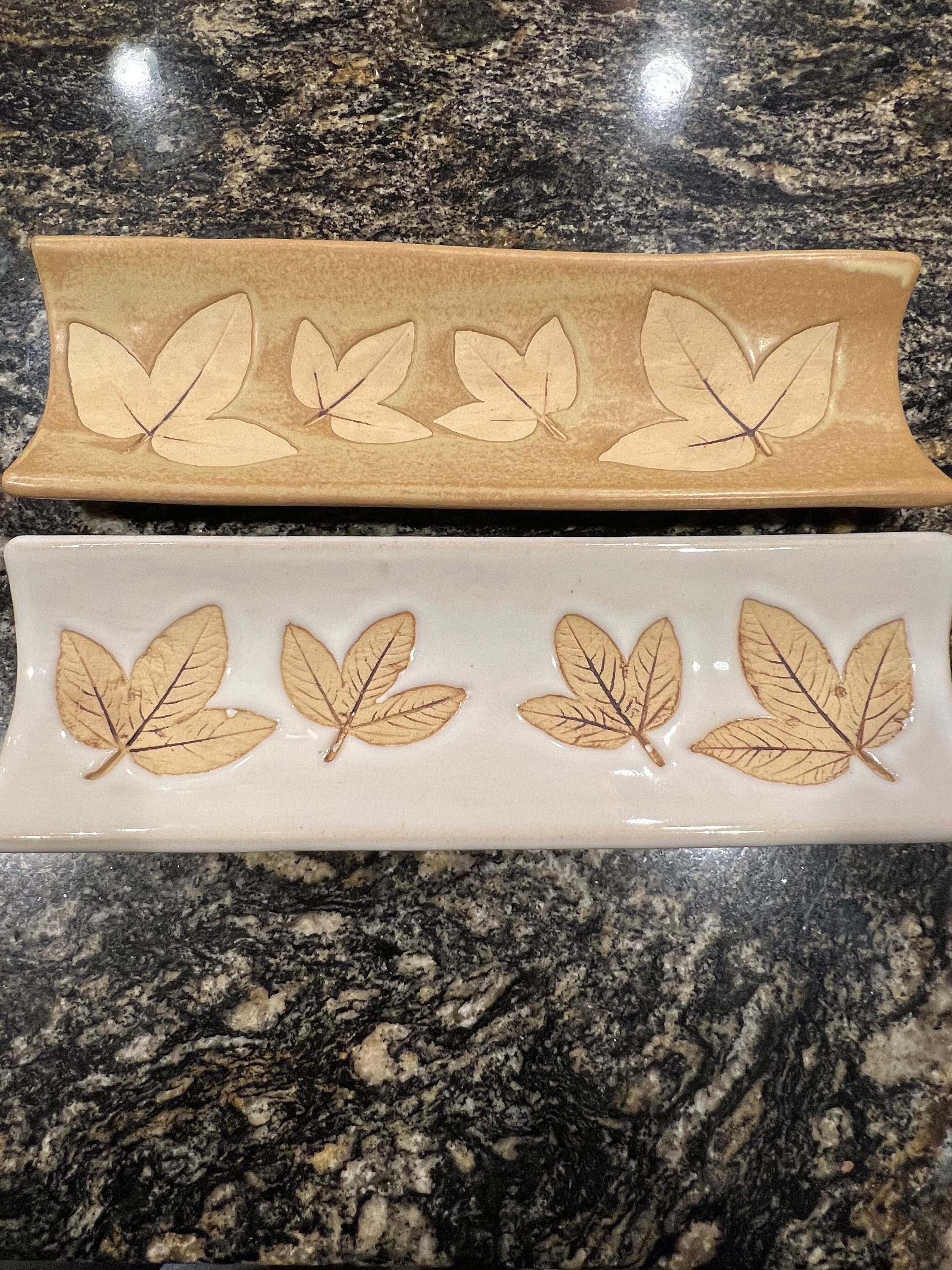 Handcrafted Stoneware Leaf Design Serving Trays, Set of 2 Pottery Cracker Tray, Leaf Pattern by Country Originals Columbia Unique Tableware