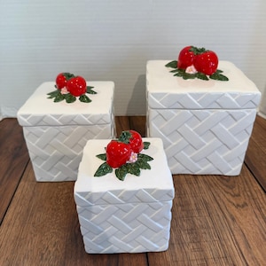 Vintage Strawberry Basket Weave Canister Set - Trompe L'oeil Ceramic - 1980s Country Kitchen Decor - Sears Style