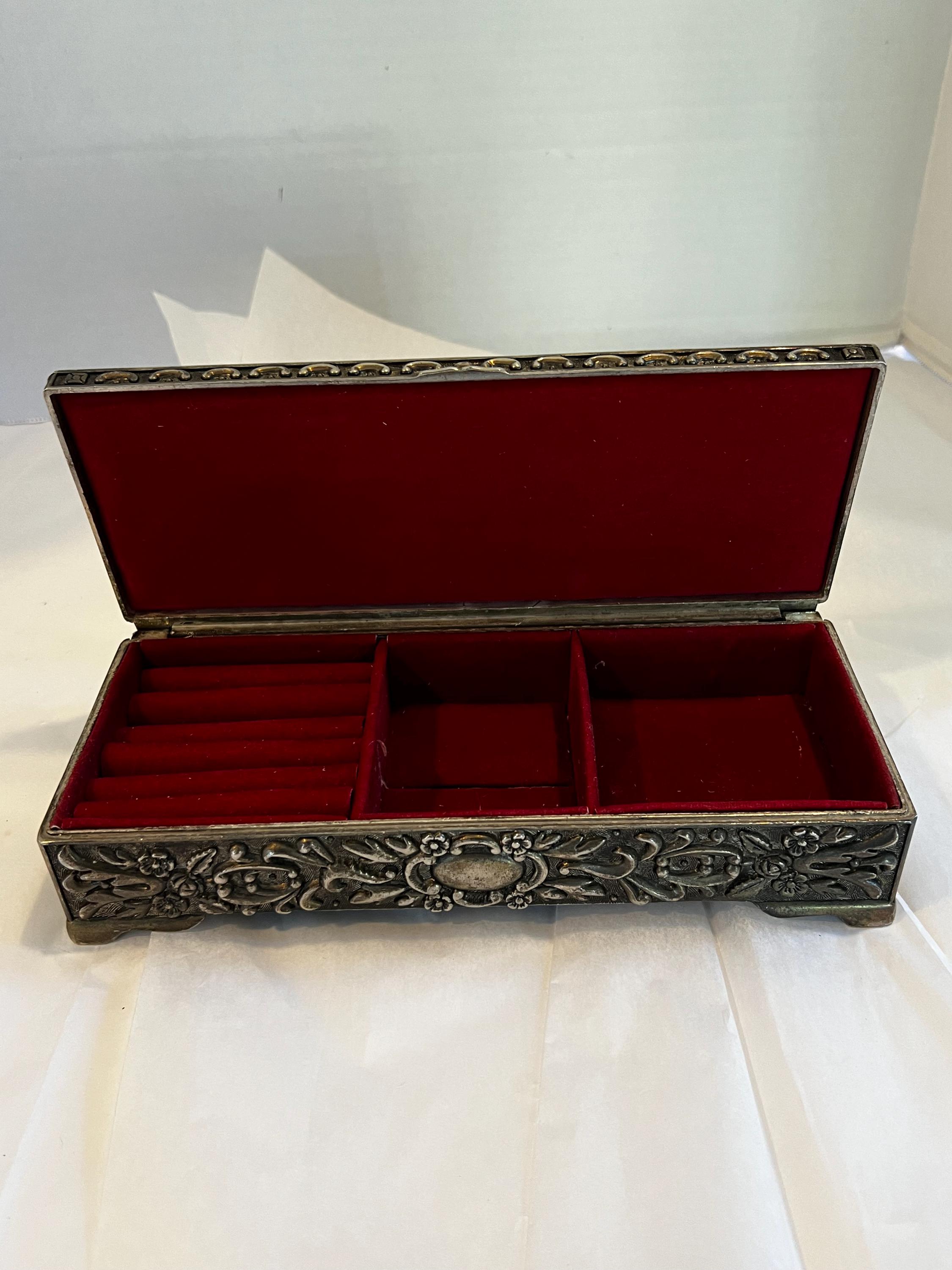 Vintage Silver Tone Jewelry Box W/ Red Velvet Lining, Art
