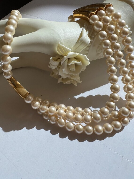 Vintage Napier Faux Pearl Necklace 3 Strands Signed Gold Retro