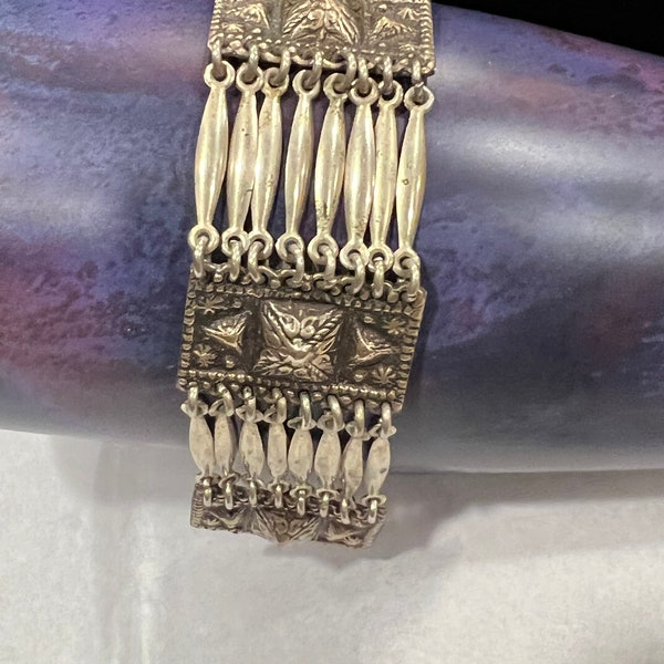Vintage Mexican Hecho Sterling Silver Bracelet Mayan Linked Panel Taxco 7” Long