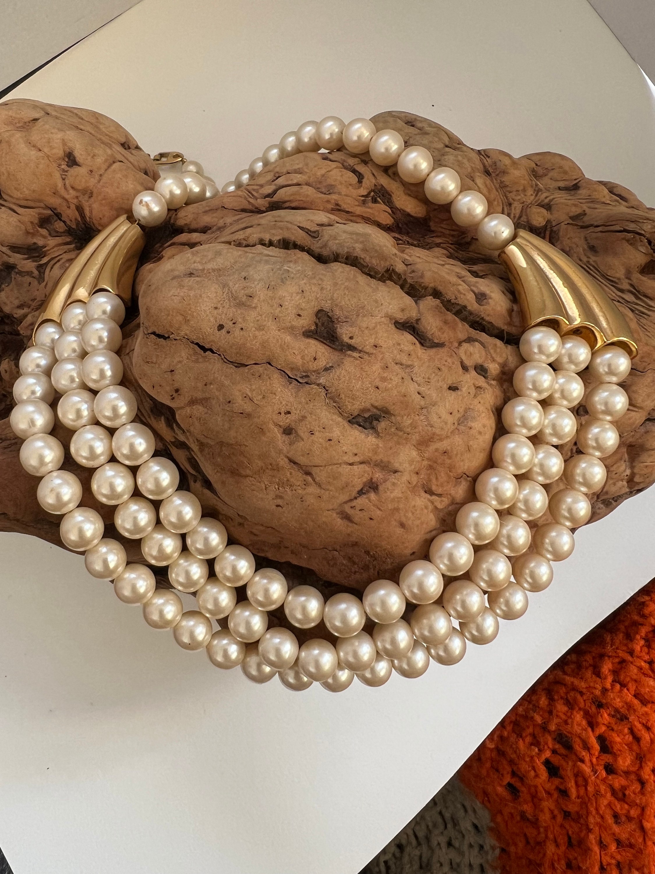 Vintage Napier Faux Pearl Necklace 3 Strands Signed Gold Retro