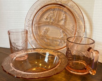 Vintage Indiana Tiara Pink Glass See Saw Humpty Dumpty Divided Plate, Bowl, Tea Cup And Juice Cup 1970 Pink Nursery Rhyme Baby Shower Gift