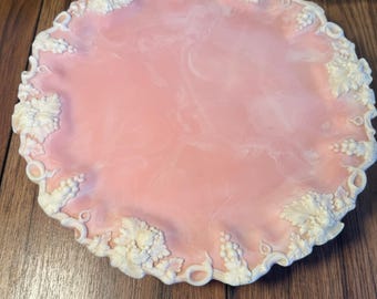 Vintage Incolay Stone Rose Pink Round Platter | Mid Century Decorative Tray | California Art Stone