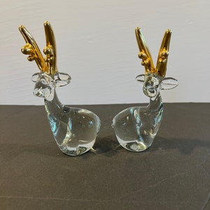 Gorgeous Clear & Gold Glass Reindeer Figurine Art Glass Set Of 2 Paper Weight Holiday Decor Rustic Accents