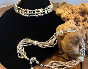 Vintage Japanese Pearl Necklace - Choose Cream Weaved Choker OR 6-Strand Champagne Statement - Carved Center Bead