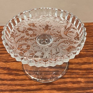 Exquisite Vintage Crystal Compote - Victorian Garden Bird & Flower Leaf Cut Glass Pedestal Candy Dish