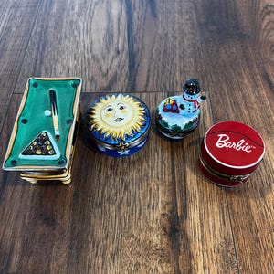 Limoges Trinket Box – Barbie, Sun, Snowman, Pool Table Designs, Handpainted, Signed, MCM Collectors' Item, French Porcelain
