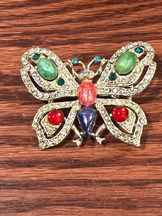 Rhinestone Butterfly Brooch Cabochon Beads Vintage