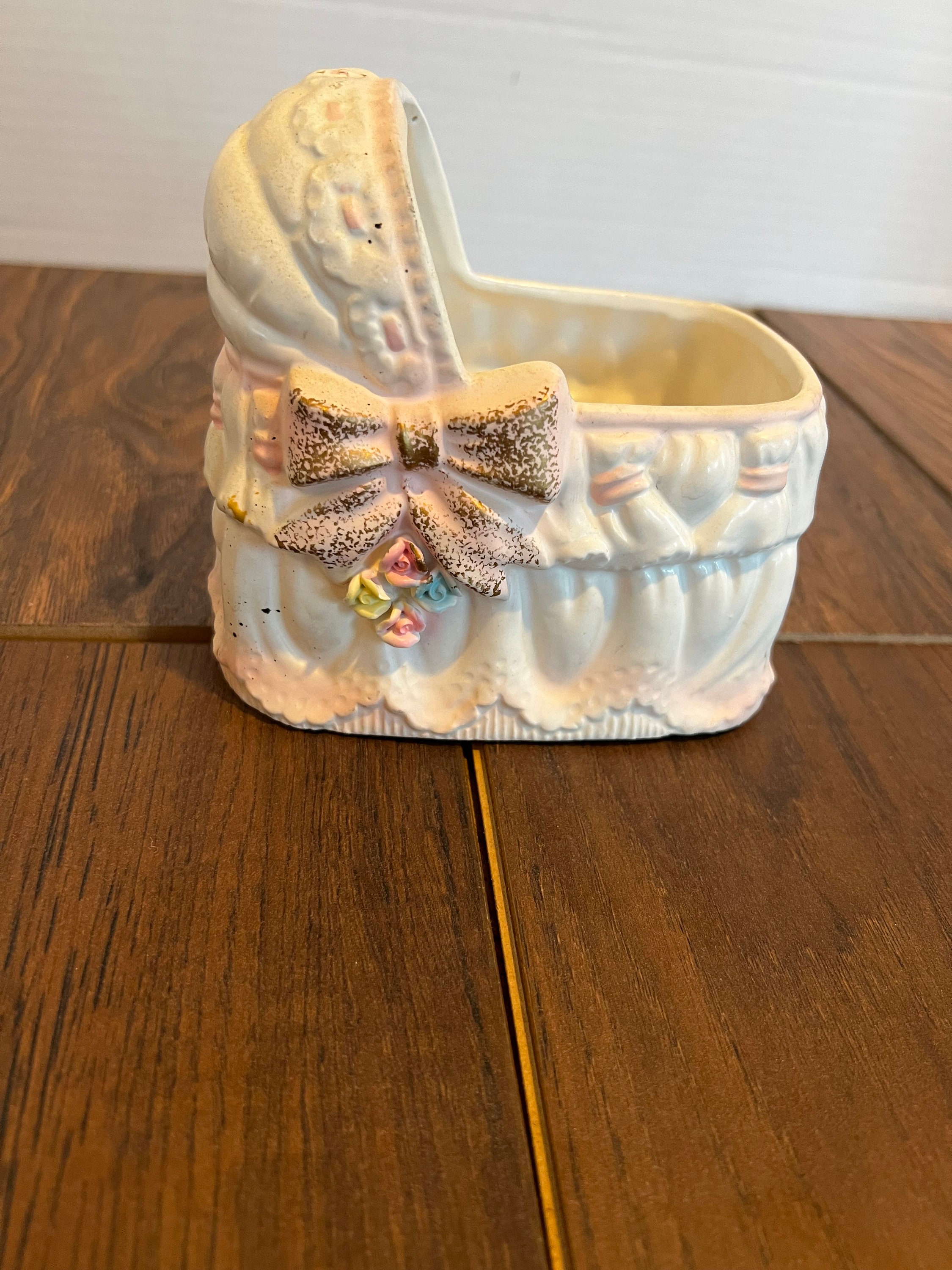 Vintage Baby Bassinet Planter Vase Pink Blue Rubens of Japan
