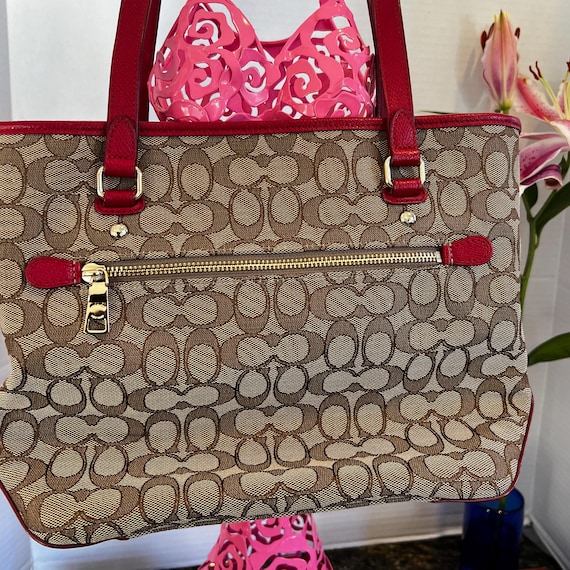 バッグ COACH Tote Bag Signature Red Vintage COACH Signature City Zip Tote Brown / Red Leather Shoulder