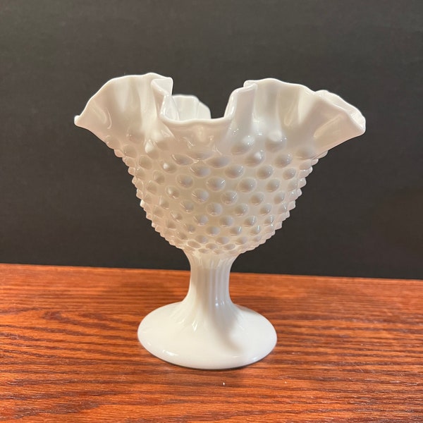 Vintage Fenton White Hobnail Milk Glass Bowl Small Ruffled Edge Footed Pedestal Compote Dish Snack Trinket Candy Bowl