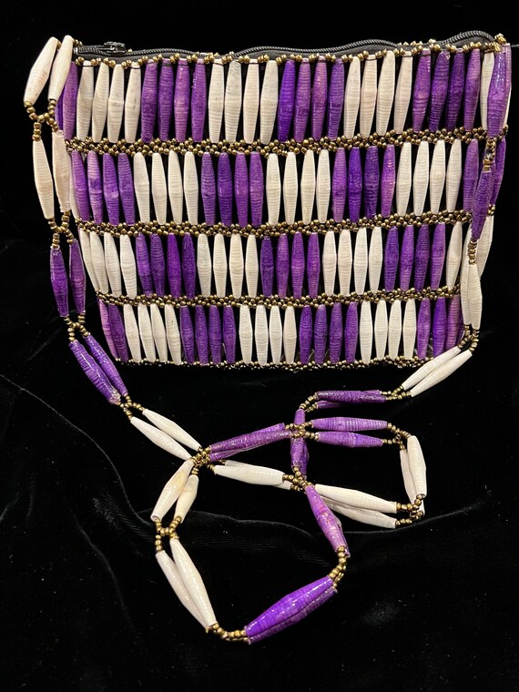 Handmade Crossbody Beaded Purse: Purple & White S… - image 3