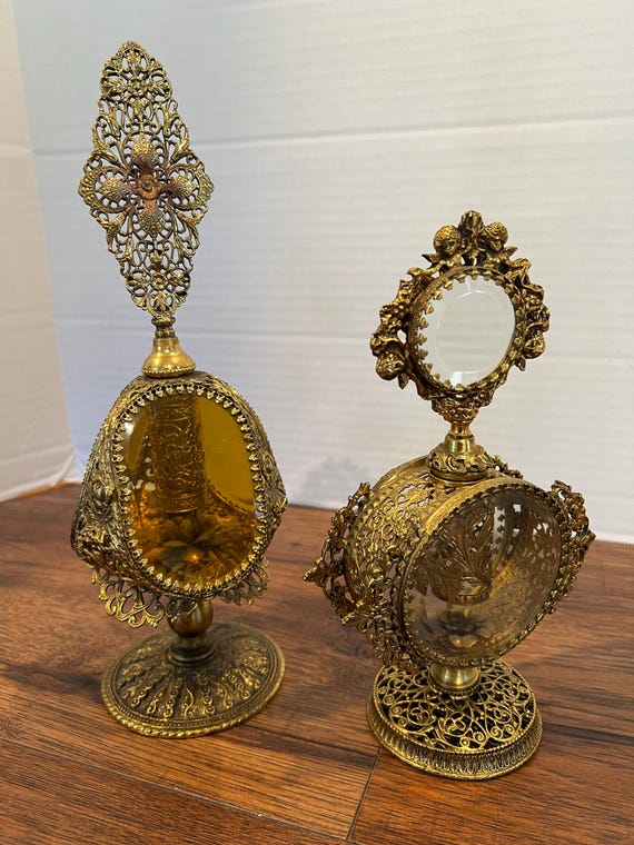 Rare Antique Gold Ormolu Filigree Perfume Bottle Vintage Cupid