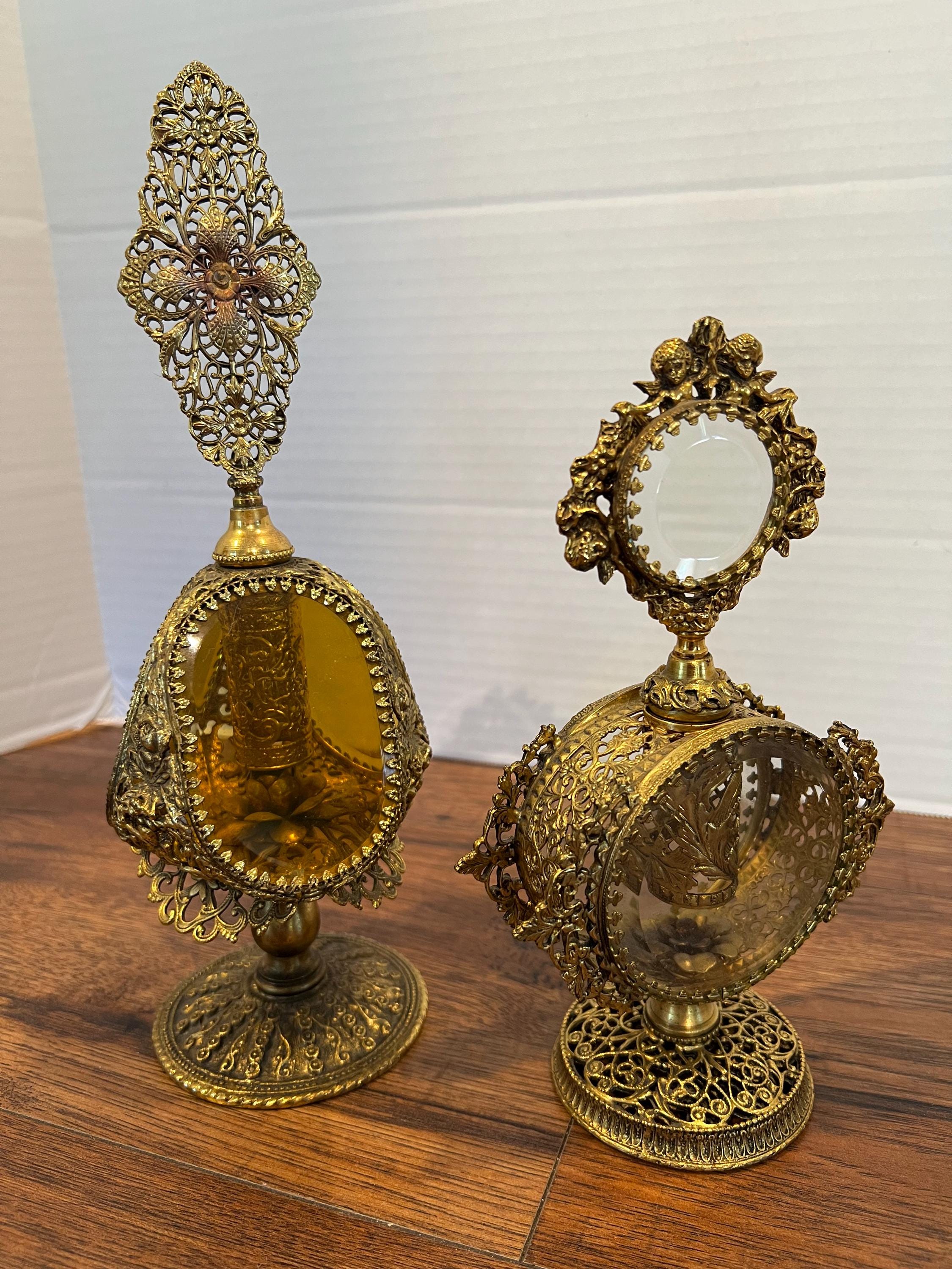 Rare Antique Gold Ormolu Filigree Perfume Bottle Vintage Cupid