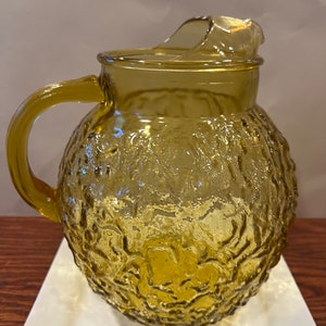 Vintage Amber Glass Pitcher | Anchor Hocking Lido Milano MCM Crinkled Ball Design | Honey-Colored Serving Jug | Retro Barware