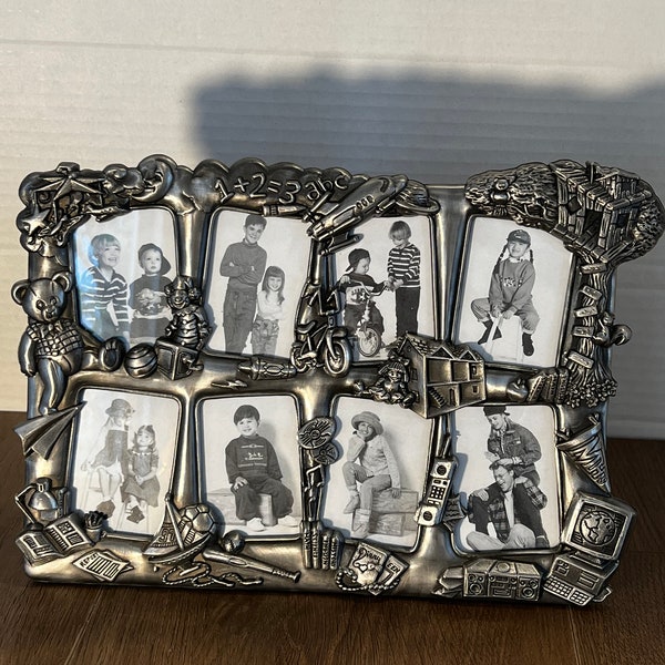 Whimsical Pewter Children's Picture Frame - 8 Spots for 2.75x3" Photos, Perfect Baby Shower/Birthday Gift & Nursery Decor with fun Details