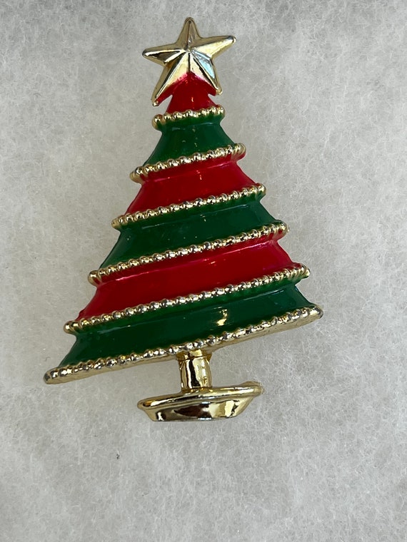 Vintage Red Green Enamel Christmas Tree Brooch Pi… - image 6