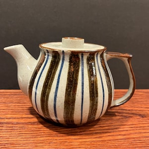Rare Fred Roberts Co Teapot Ceramic Kettle | Brown Blue Striped Vintage MCM Pottery | Mid Century Modern Collectible