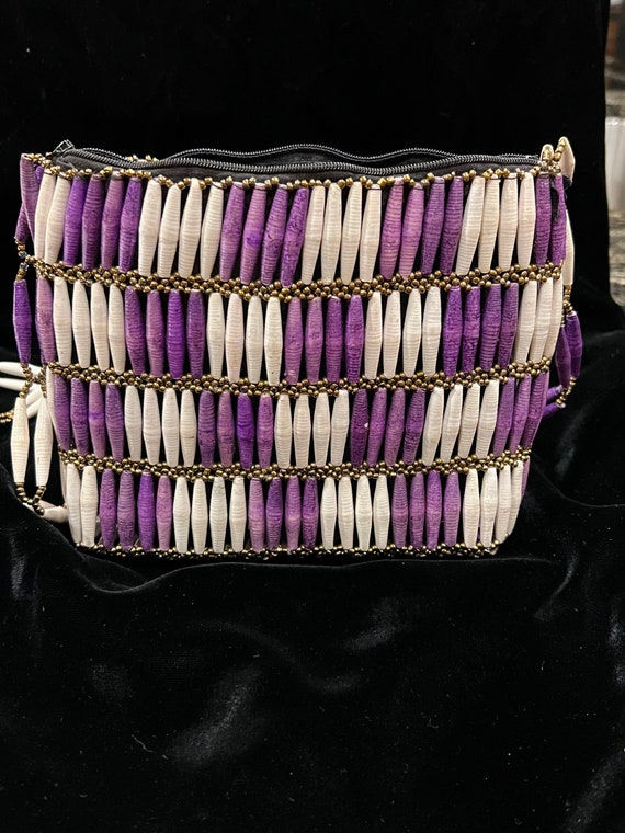 Handmade Crossbody Beaded Purse: Purple & White S… - image 2