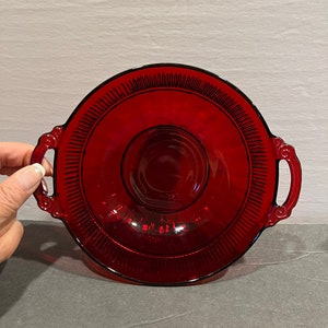 Vintage Ruby Red Glass Serving Plate, 8&quot; Anchor Hocking Handled Dish, Elegant Tablescape Decor, Colorful Table Setting Ruby Red Glass Decor