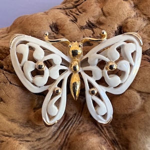 Vintage Butterfly Brooch, Rare White Enamel Gold Pin Teacher Gift, Cancer Survivor, Chemo Gift Coat/Scarf Accessory Perfect New Beginnings