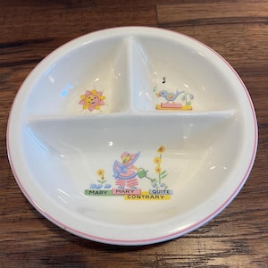 Vintage Mary Mary Quite Contrary Divided Baby Plate – Ceramic Nursery Rhyme Design, 8” Diameter, Early-Mid 20th Century Collectible