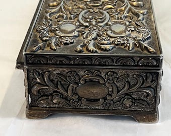 Vintage Silver Tone Jewelry Box W/ Red Velvet Lining, Art