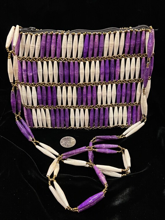 Handmade Crossbody Beaded Purse: Purple & White S… - image 1