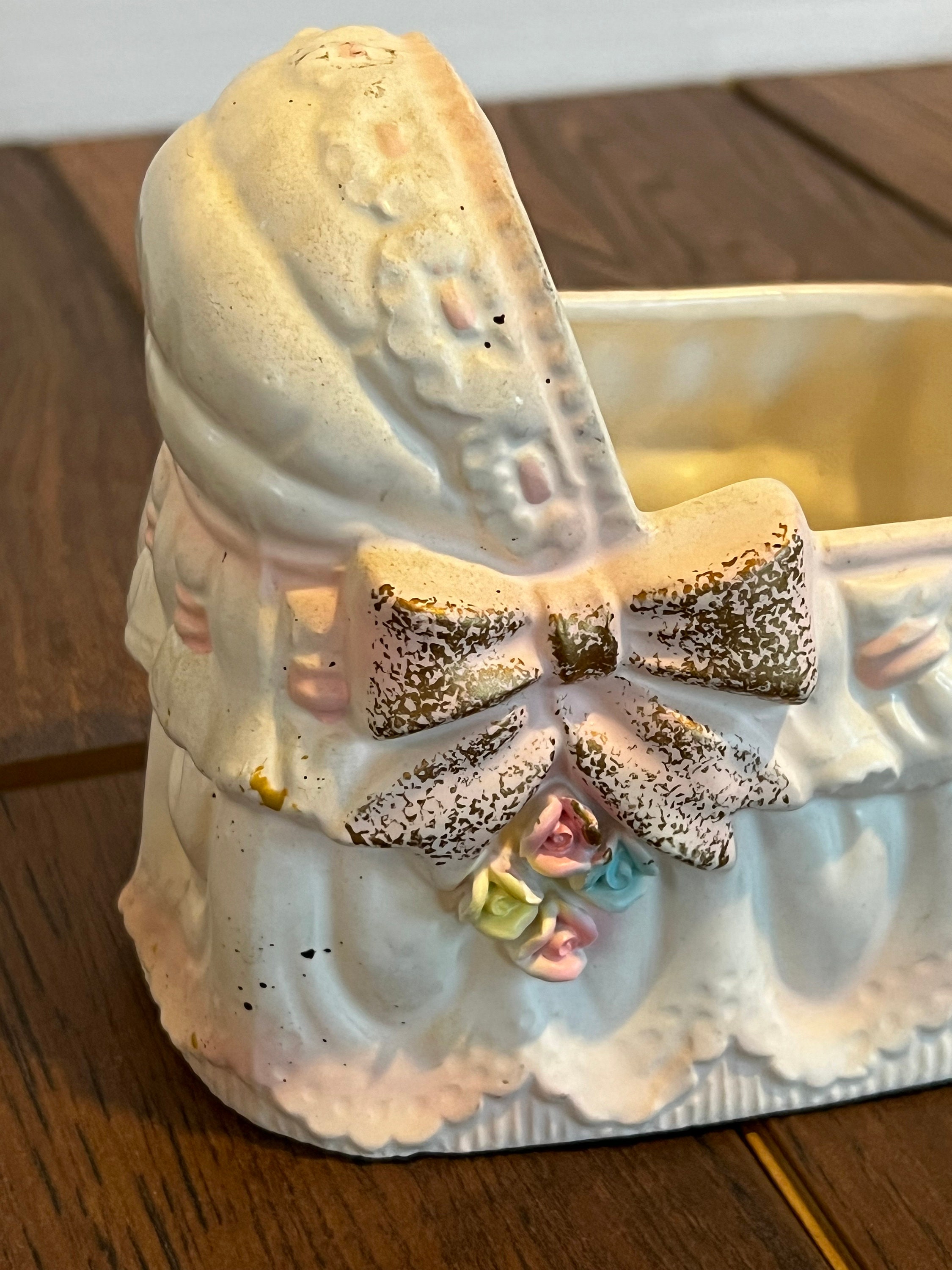Vintage Baby Bassinet Planter Vase Pink Blue Rubens of Japan